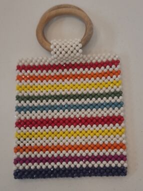 Lulu NYC Beaded Rainbow Mini Tote Handbag w/ Rounded Wooden Handles